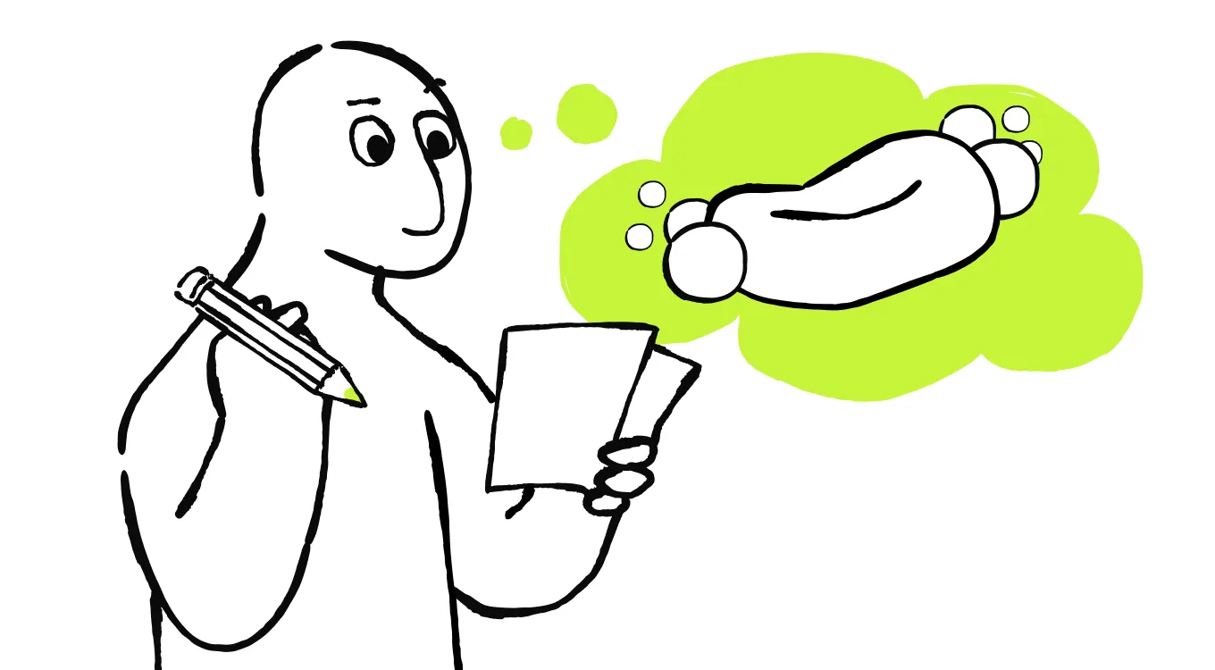 Illustration of a person holding notes and a pencil while thinking about a bar of soap